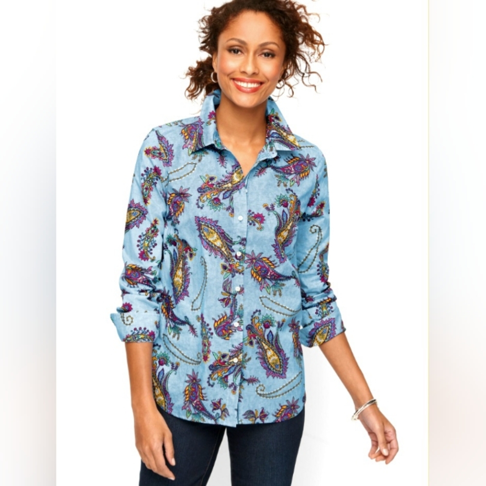 Talbots Cotton Button Front Shirt - Swirly Paisley, Size Lp - Picture 2 of 16